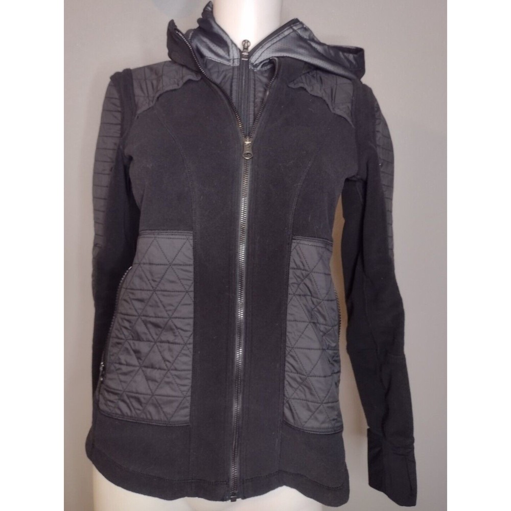 LULULEMON Fleecy Keen Jacket Black Size 4 Removable Hood Warm Layered Quilted BB